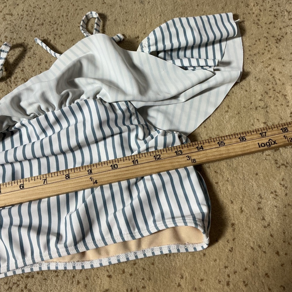 Albion Fit Blue White Striped Ruffle Bikini Top Womens Medium Tie Strap Swim - Picture 3 of 6
